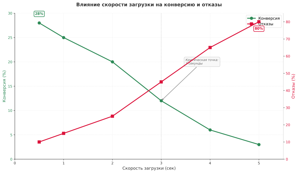 График зависимости конверсии и отказов от скорости загрузки сайта